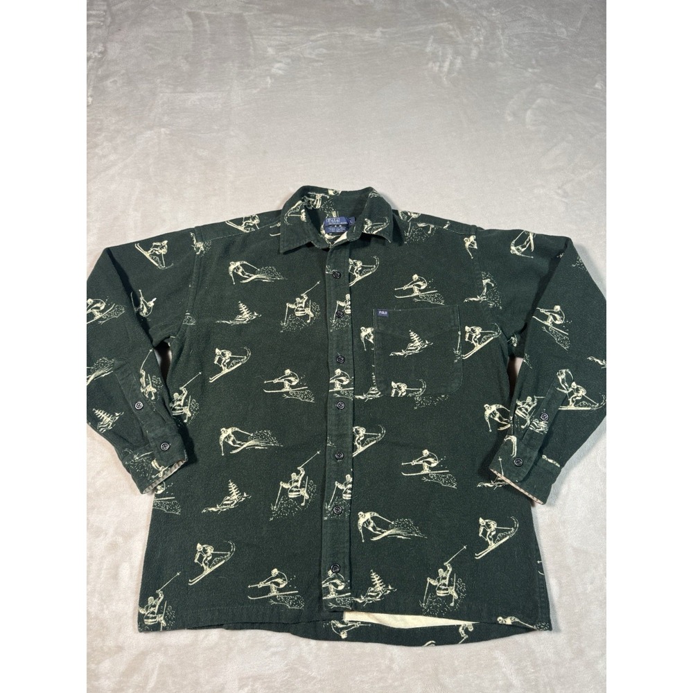 Rare Vintage Polo Skiing Button Up Shirt Mens Size Large Green Longsleeve